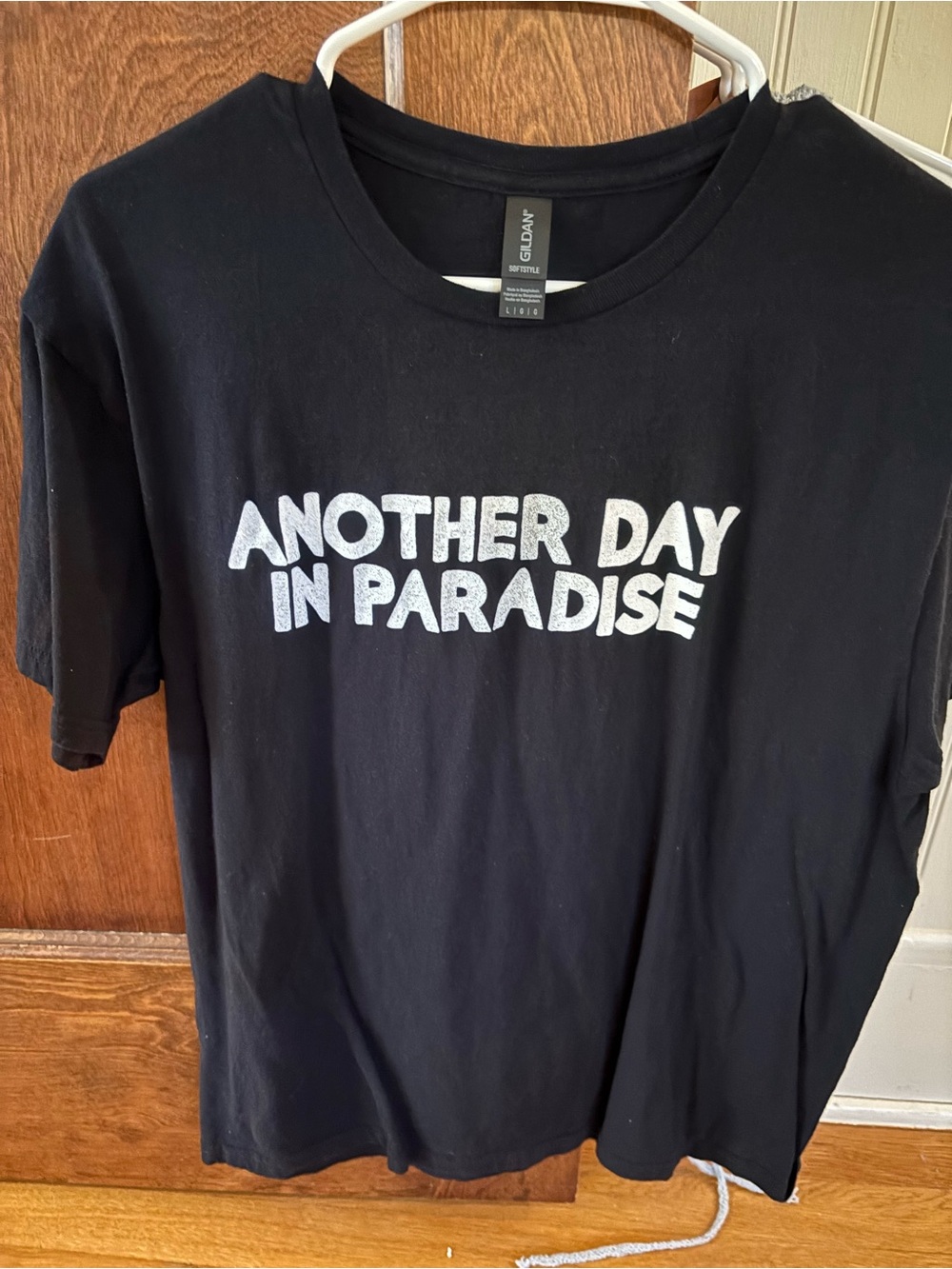 Gildan Black Tee with White "Another Day in Paradise" Graphic